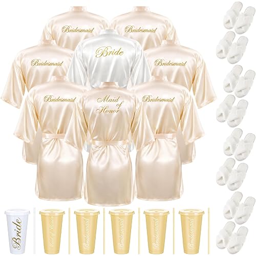 Bonuci 24 Pcs Bridesmaid Bride Robes Set of 8 Bridal Satin Robes Fluffy Slippers Drinking Cups for Wedding Bachelorette Party