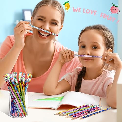 Miniatura 6 de PerKoop 200 lápices inspiradores perfumados a granel, lápiz de grafito con borrador, lápices motivacionales de madera con aroma afrutado para niños,