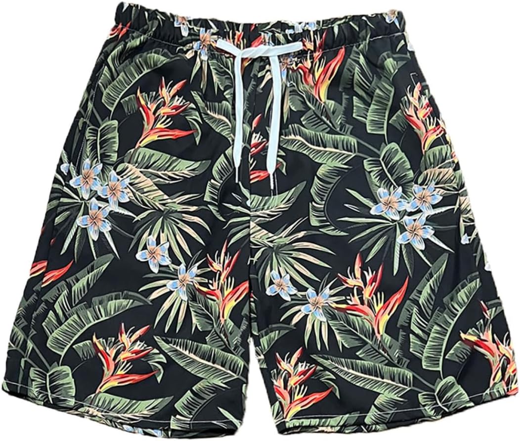 Beach Shorts for Men Summer 3-Pockets Quick-Dry Tropical Tree Printing Lace-Up Beach Shorts Swim Trunks Mens