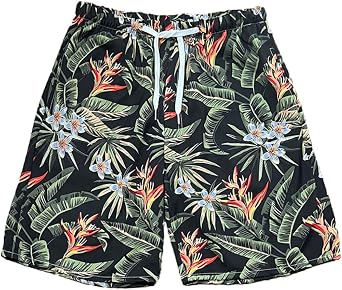 Beach Shorts for Men Summer 3-Pockets Quick-Dry Tropical Tree Printing Lace-Up Beach Shorts Swim Trunks Mens