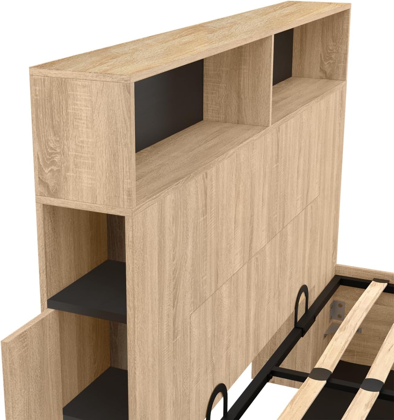 Avvicinamento view of the IDMarket Clyde Double Storage Bed's headboard, showing the open shelves and a side niche with a closed door.