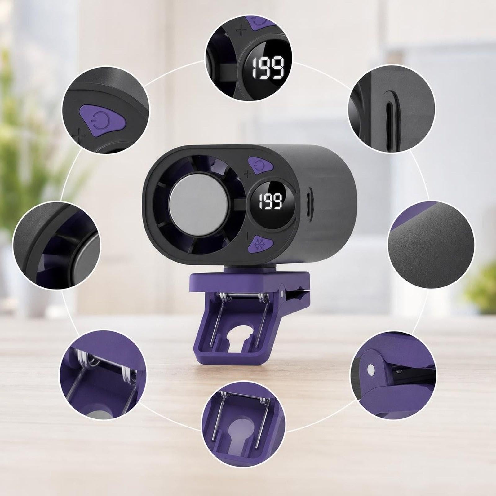 Clip On Portable Fan Ventilatore da Tavolo Portatile con Clip Resistente Ventola Mini Multifunzione con Schermo LED Regolazione velocità 199 Livelli M, Raffreddamento Nero