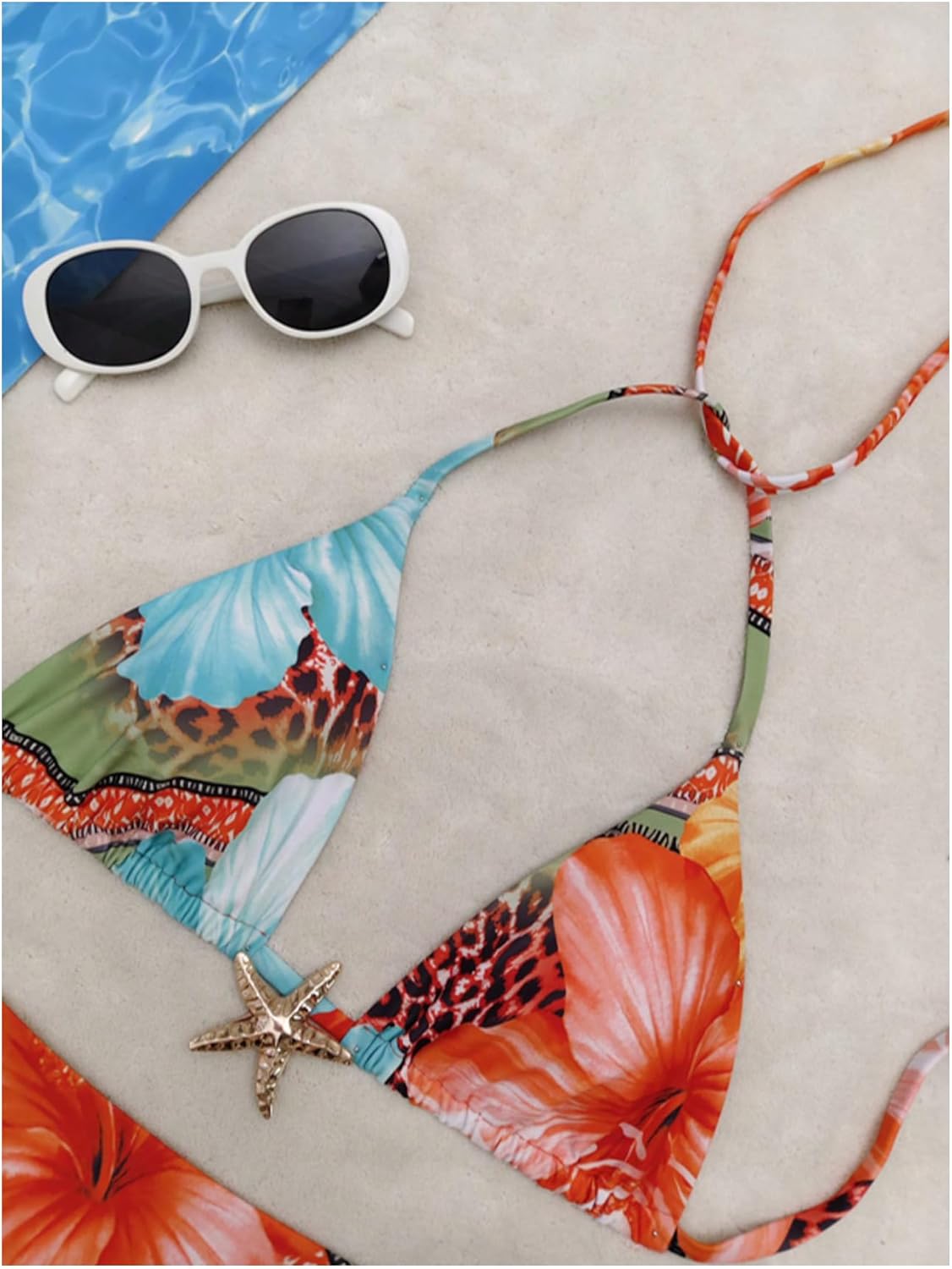 Women's 2 Piece Leopard Floral Bikini Sets Halter Triangle String Bathing Suit Starfish Metal Swimsuits - Image 3