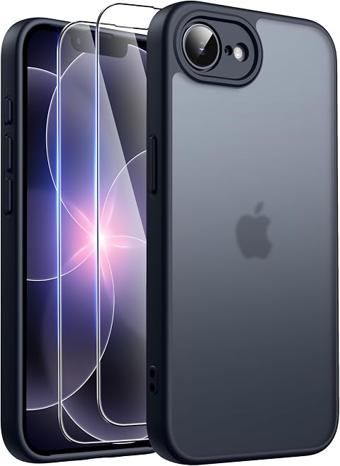 FLLAO Matt Handyhülle für iPhone 17e/iPhone 16e Hülle und 2 Schutzfolie, mit Kameraschutz [Militärnorm Schutz] Stoßfest PC Rückseite TPU Bumper Hülle für iPhone 17e/16e - Schwarz