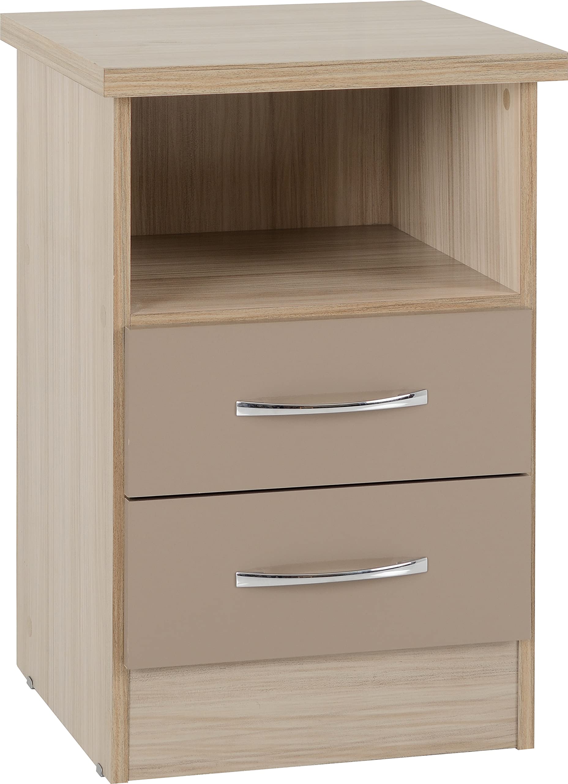 Seconique Nevada 2 Drawer Bedside Table - Oyster Gloss/Light Oak Effect Veneer, Brown