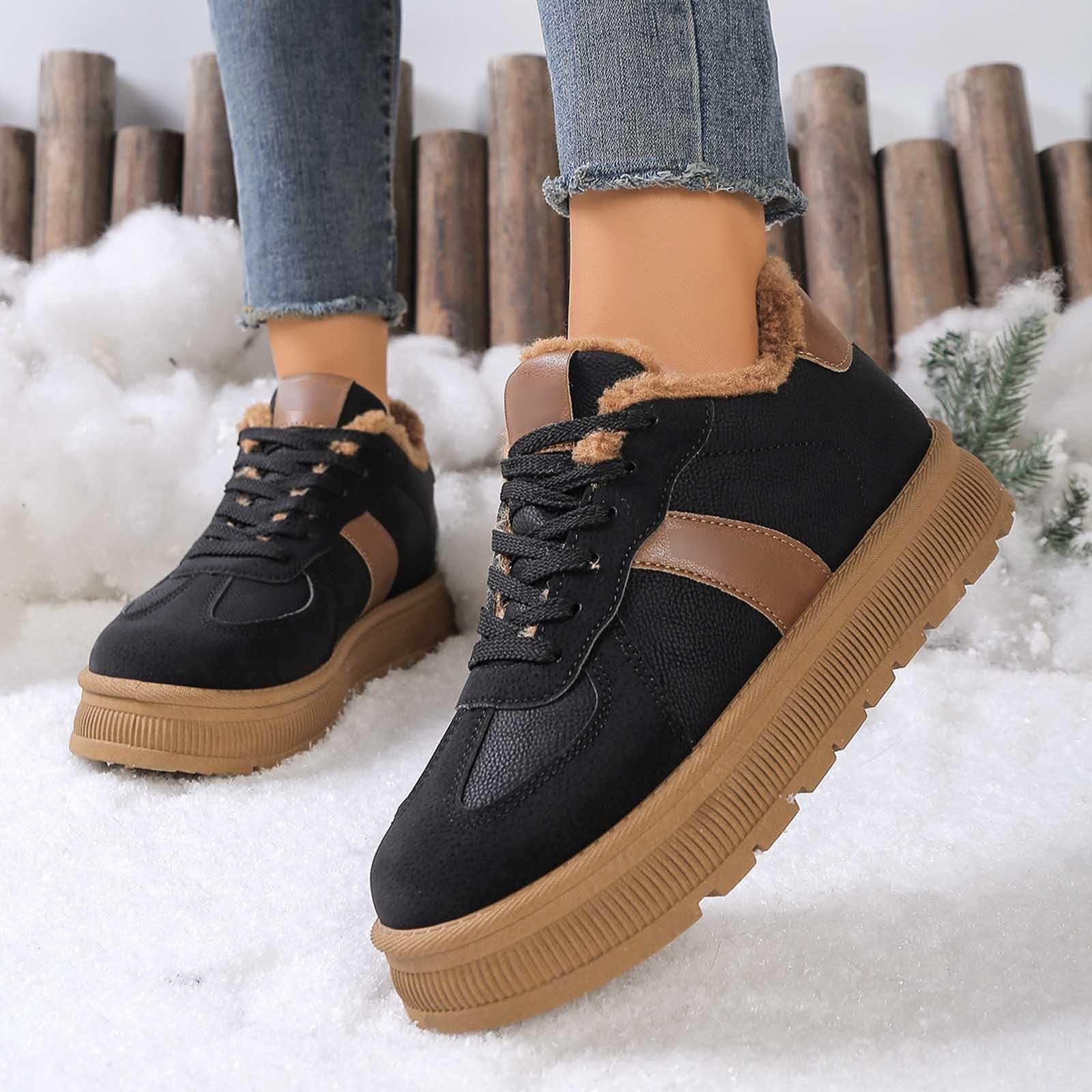 Bottes de Neige Femme Plate Bottes Femme Hiver Chaudes Fourrées Basket Chaussure Hiver en Cuir Imperméable Bottine Botte de Neige Antidérapante Snow Boots Fourrées Bottines Chaussures de Randonnée Ski