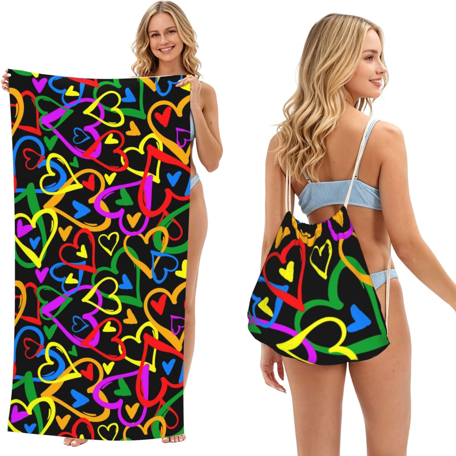Poadnly As Picture Gay Pride Rainbow Print, 2 In 1 Packable Towel Bag, Beach Towels With Drawstring Backpack For Travel Holiday Camping