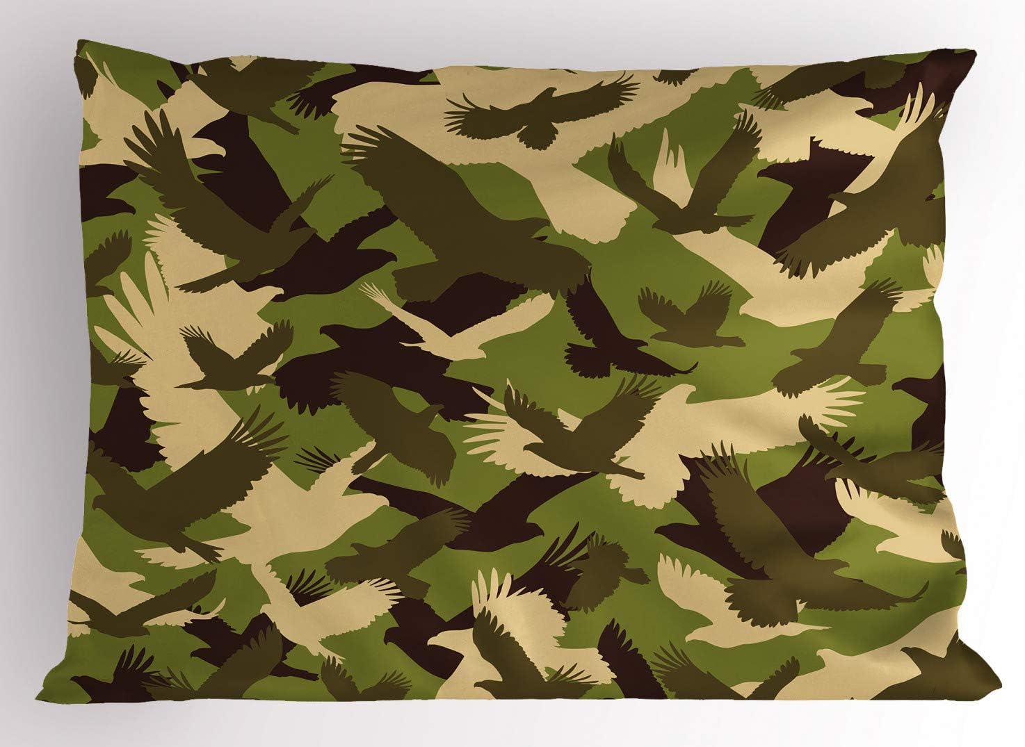 Ambesonne Camo Pillow Sham Set of 2, Eagle Silhouettes Flying Open Wings Falcon Hawk Armed Forces Theme, Quality Microfiber Bedding Item for All Seasons, 26" x 20", Dark Brown Army Green