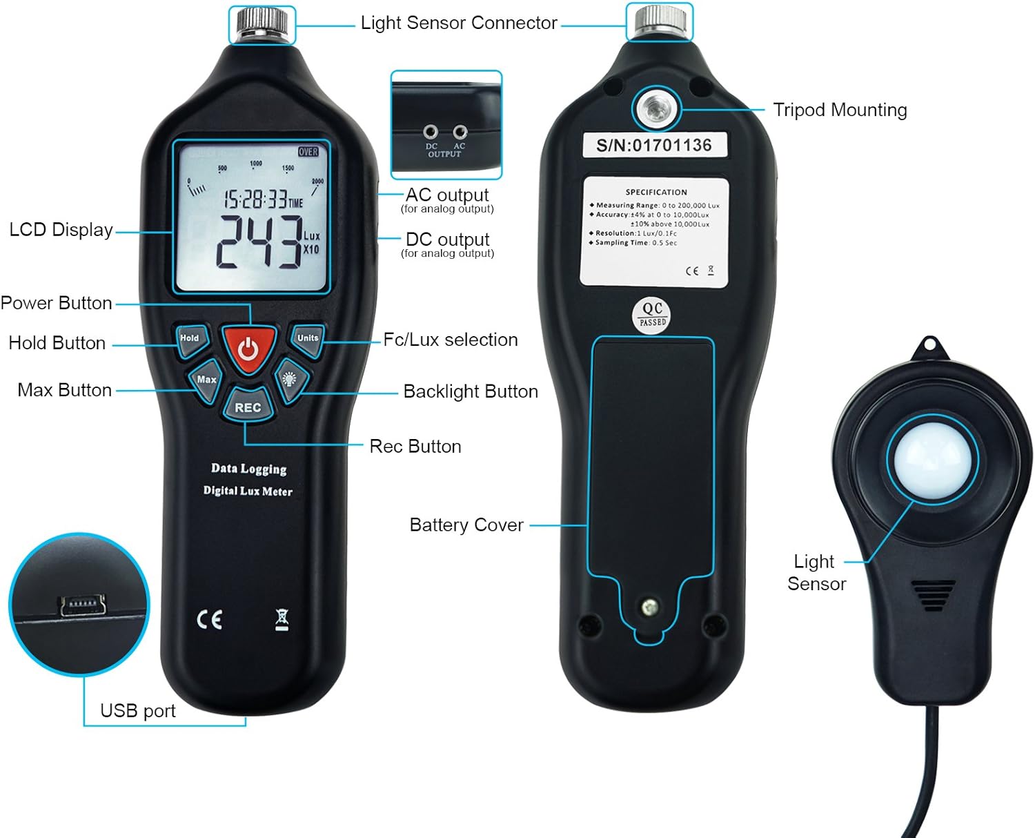 Digital Lux Meter 0-200,000 Lux – USB Data Logger for Windows 10/8/7/Vista/XP, 21,000 Memory, Auto-Ranging, Backlit Display, Fc/Lux Switchable, Detachable Sensor