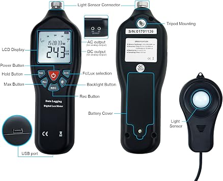 Digital Lux Meter 0-200,000 Lux USB Data Logger for Windows 10/8/7/Vista/XP, 21,000 Memory, Auto-Ranging, Backlit Display, Fc/Lux Switchable, Detachable Sensor