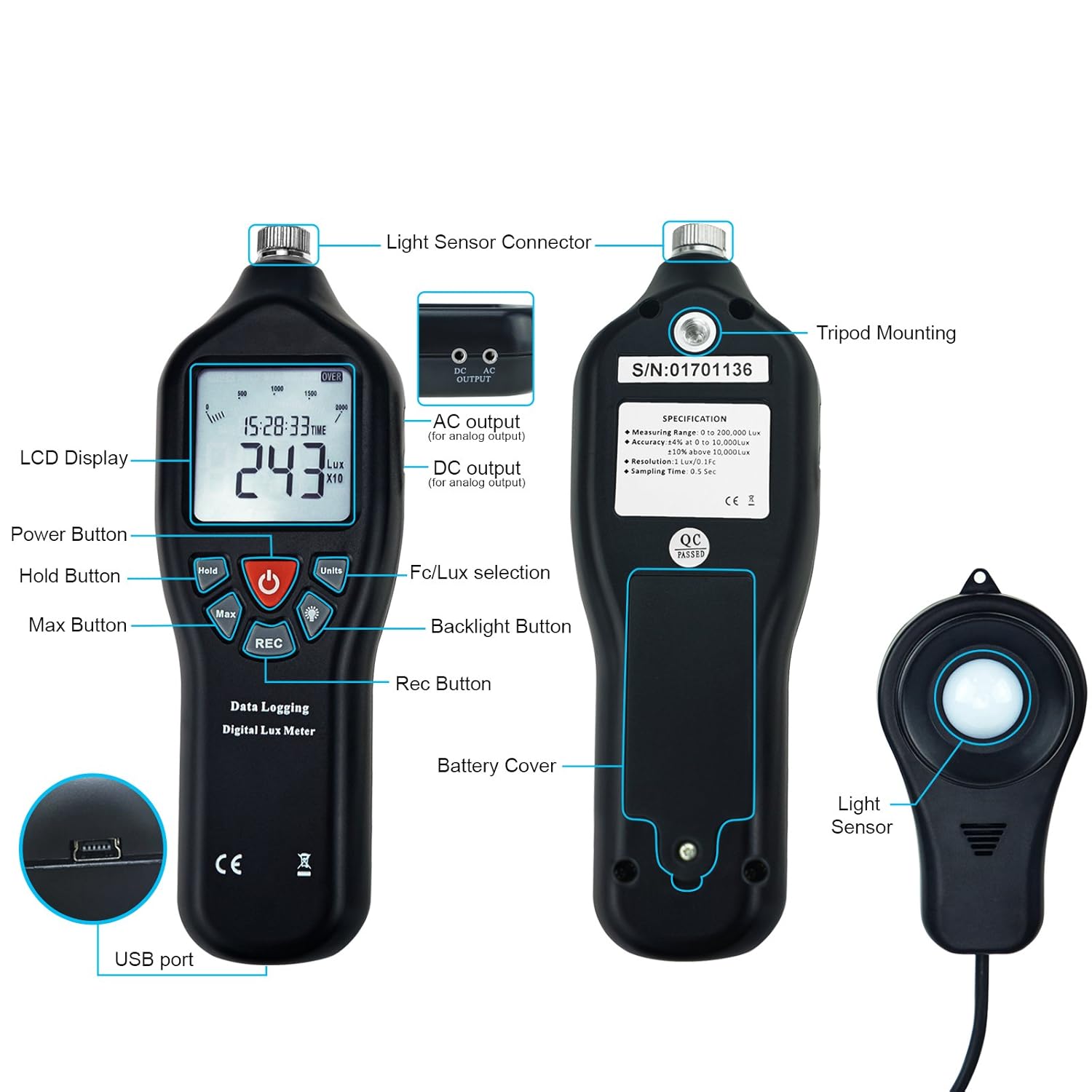 Digital Light Lux Meter with Data Logging FunctionMeasurement Range 0 to 200,000 Lux Auto Ranging Instrument Detachable sensors Used in The Home, Light Pollution Outdoors (Lux Meter w/Data Logging)
