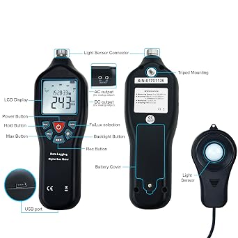 Digital Light Lux Meter with Data Logging FunctionMeasurement Range 0 to 200,000 Lux Auto Ranging Instrument Detachable sensors Used in The Home, Light Pollution Outdoors (Lux Meter w/Data Logging)