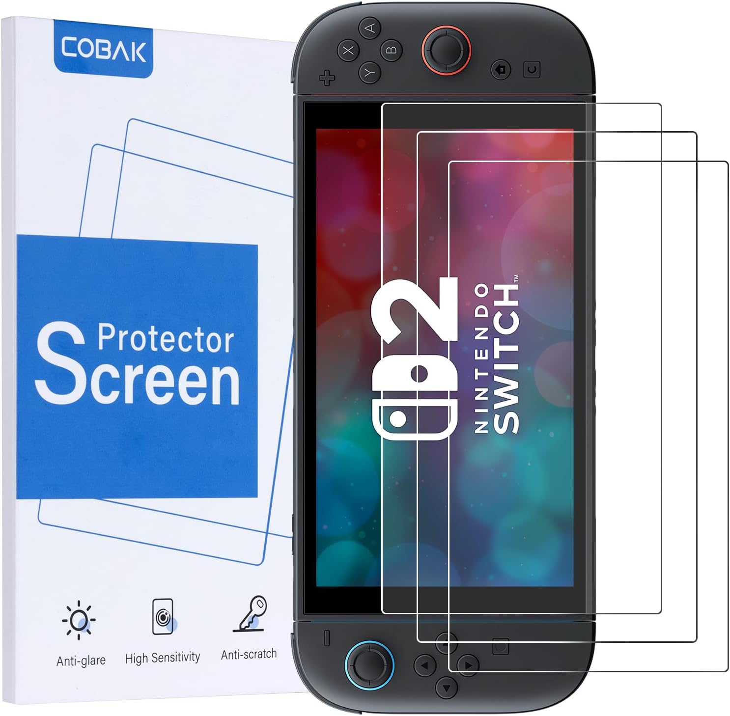 CoBak 3-Pack Screen Protector Tempered Glass for Nintendo Switch 2 2025 — Tempered Glass with HD Clarity, Scratch Resistance and Bubble-Free Installation