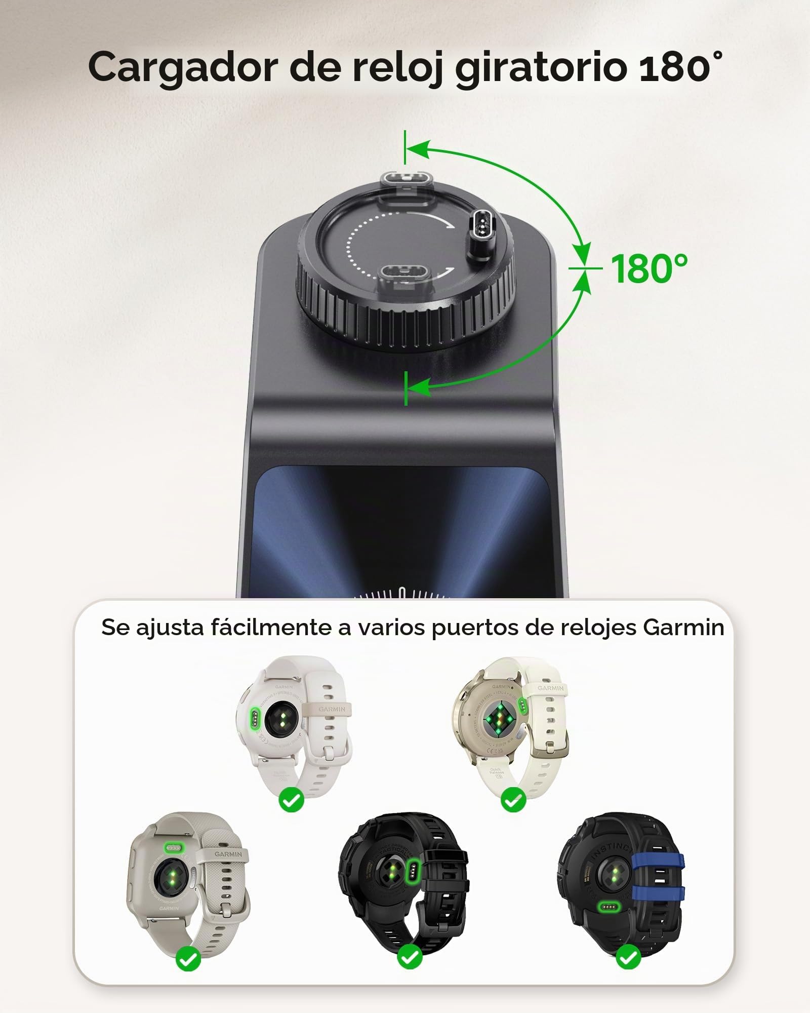 Estación de Carga Inalámbrica 3 en 1 para Garmin Reloj Vivoactive/Venu/Forerunner/Instinct/Fenix/Epix 2, Soporte de Carga para Samsung S25/S24, para iPhone Air/17/16, para AirPods(Sin Adaptador)
