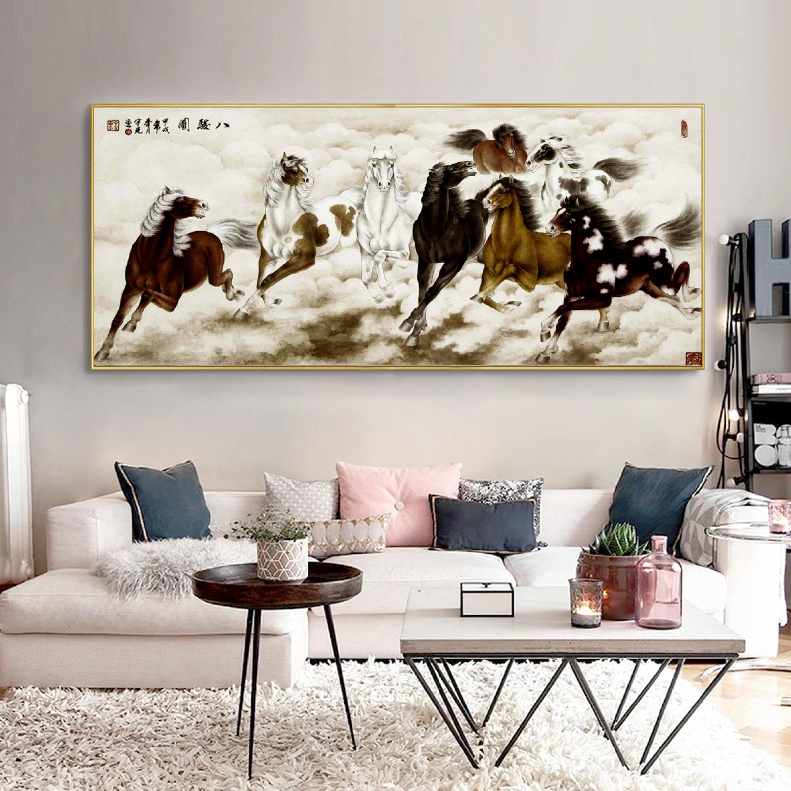huit chevaux courant dans les nuages toile art mural encre de Chine affiche peinture style galopant cheval photos impression d’art pour salon bureau décoration intérieure 40x101cm avec-cadre-doré