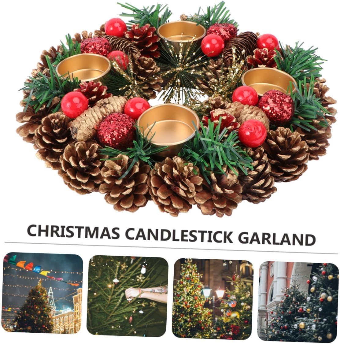 Ciieeo Christmas Candlestick Garland 27cm Handmade Wreath Decorative Candleholder for Desktop Home Seasonal Decor