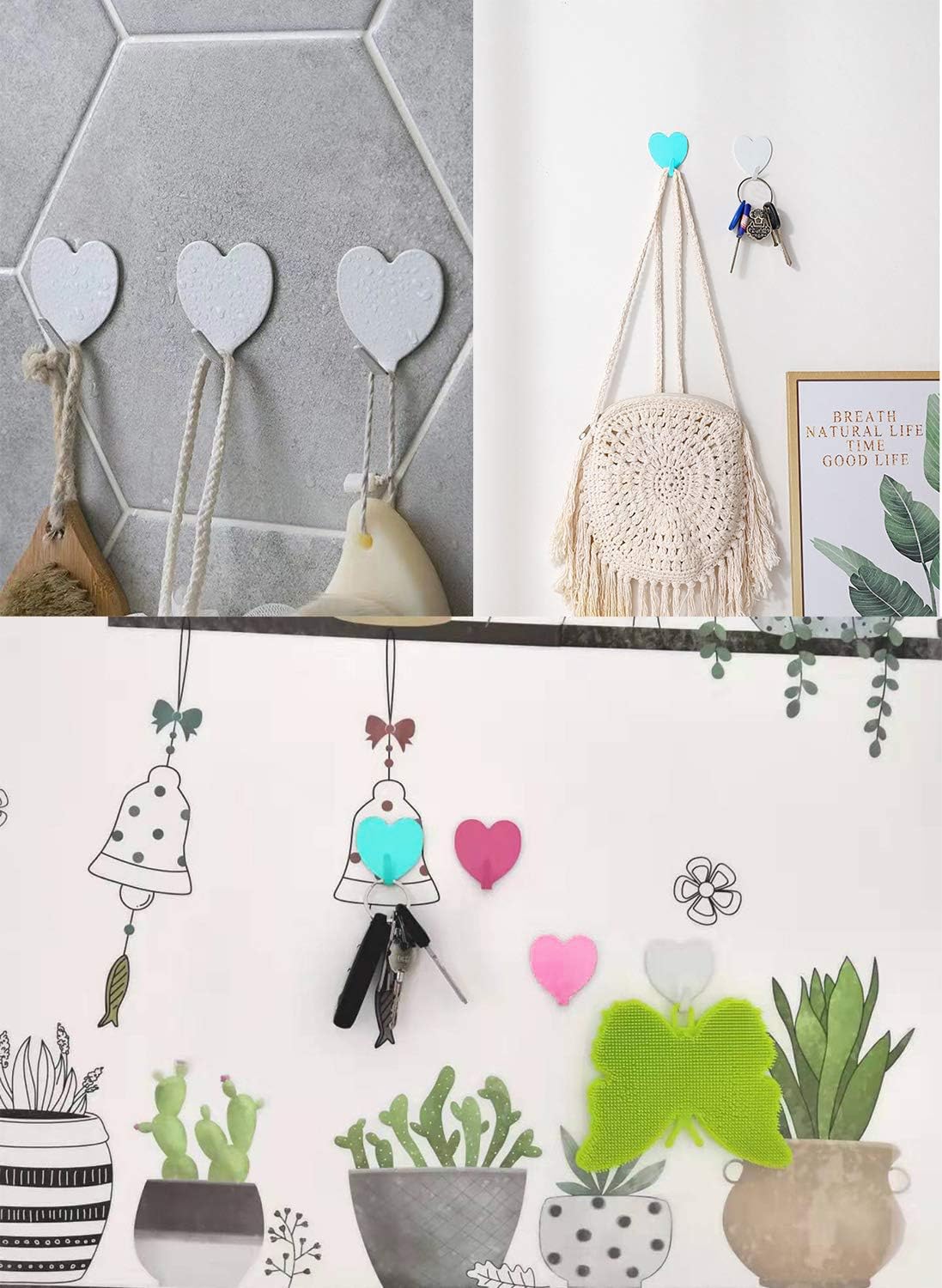 12 Ganci A Cuore In Acciaio Inox Adesivi – Multicolore (giallo, Rosa, Viola) – Per Asciugamani, Chiavi, Cucina E Bagno