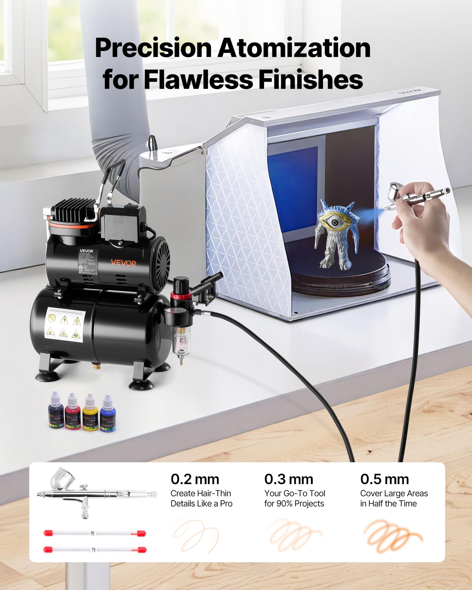 VEVOR Kit de Aerógrafo con Compresor de Aire 1/6 HP Compresor de Aerógrafo de Doble Acción con 3 Boquillas, Manguera, 4 Pinturas Acrílicas, Kit de Pintura para Decoración de Tartas, Maquetas, Uñas