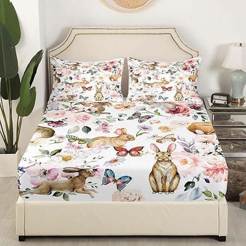 Miniatura 10 de Erosebridal Juego de sábanas de tamaño matrimonial para niños, juego de sábanas de huevos de Pascua arcoíris, lindas sábanas de conejo de Pascua,