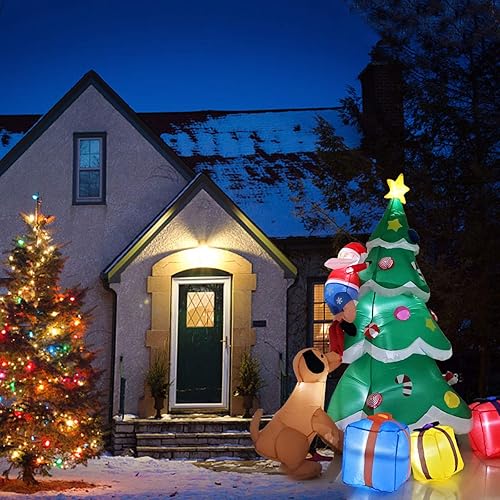 Miniatura 5 de Poptrend Papá Noel inflable perseguido por el árbol, 7 pies de Navidad inflable para patio con luces LED de Navidad, divertido, colorido, espíritu
