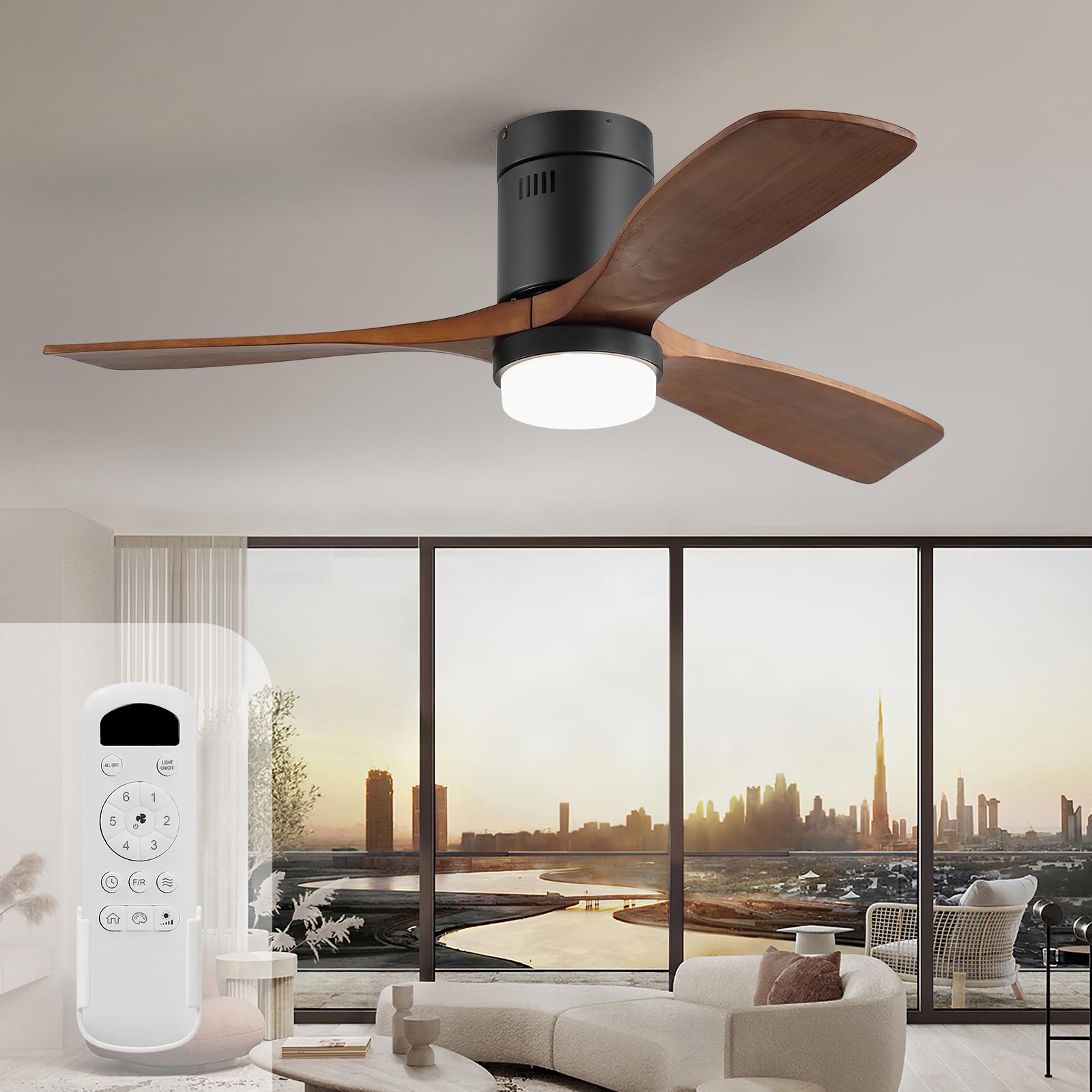 Sofucor Madera Ventilador de Techo con Luz 132cm, 6 Velocidades, Mando, Temporizador, Motor DC, LED Silencioso Ventilador Techo con Lampara para Dormitorio Salon