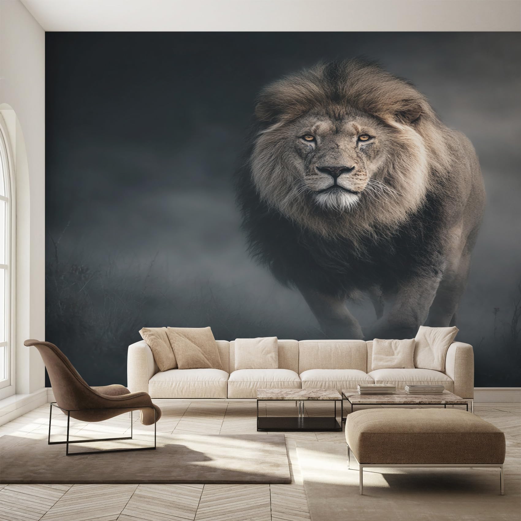 Papier Peint Intissé Lion Panoramique pour Rénover et Agrandi un Mur de Salon