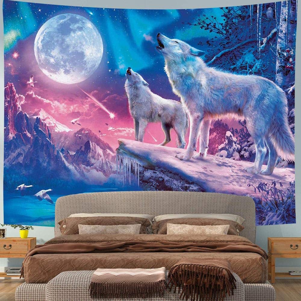 LB 150x130cm Tapisserie Murale Vague de salutation japonaise Tenture Murale Fleur cerisier rose lune Couverture Murales Noir et blanc Tapisseries Decoration Murales pour Maison Salon Chambre Dortoir