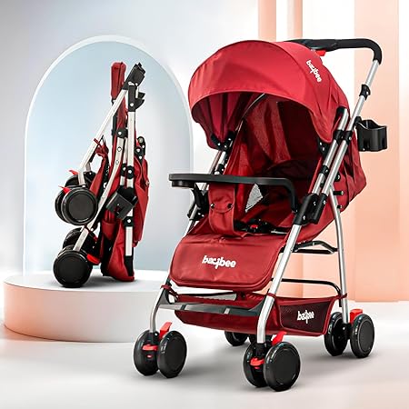 Baybee Convertible Infant Baby Pram Stroller for Newborn Babies with 3-Position Adjustable Seat & Canopy, Reversible Bassinet & 5 Point Safety Belt | Baby Stroller for Toddlers 0 to 3 Years Boy Girl (Red)