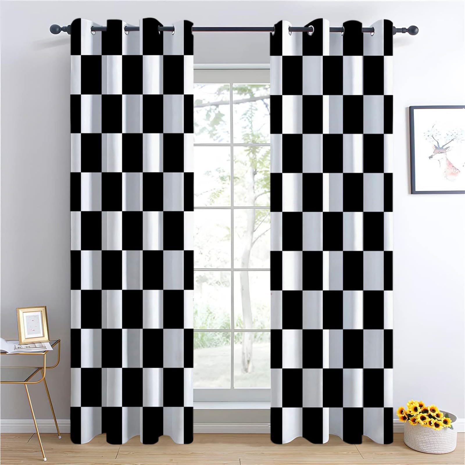 Rideaux Occultants Chambre Rayures Damier Noir, Rideaux à Œillets pour Salon et Chambre d'enfant Style Géométrique - Décoration de Fenêtre 183L X 214H cm Panneaux Isolants Thermiques et Phoniques