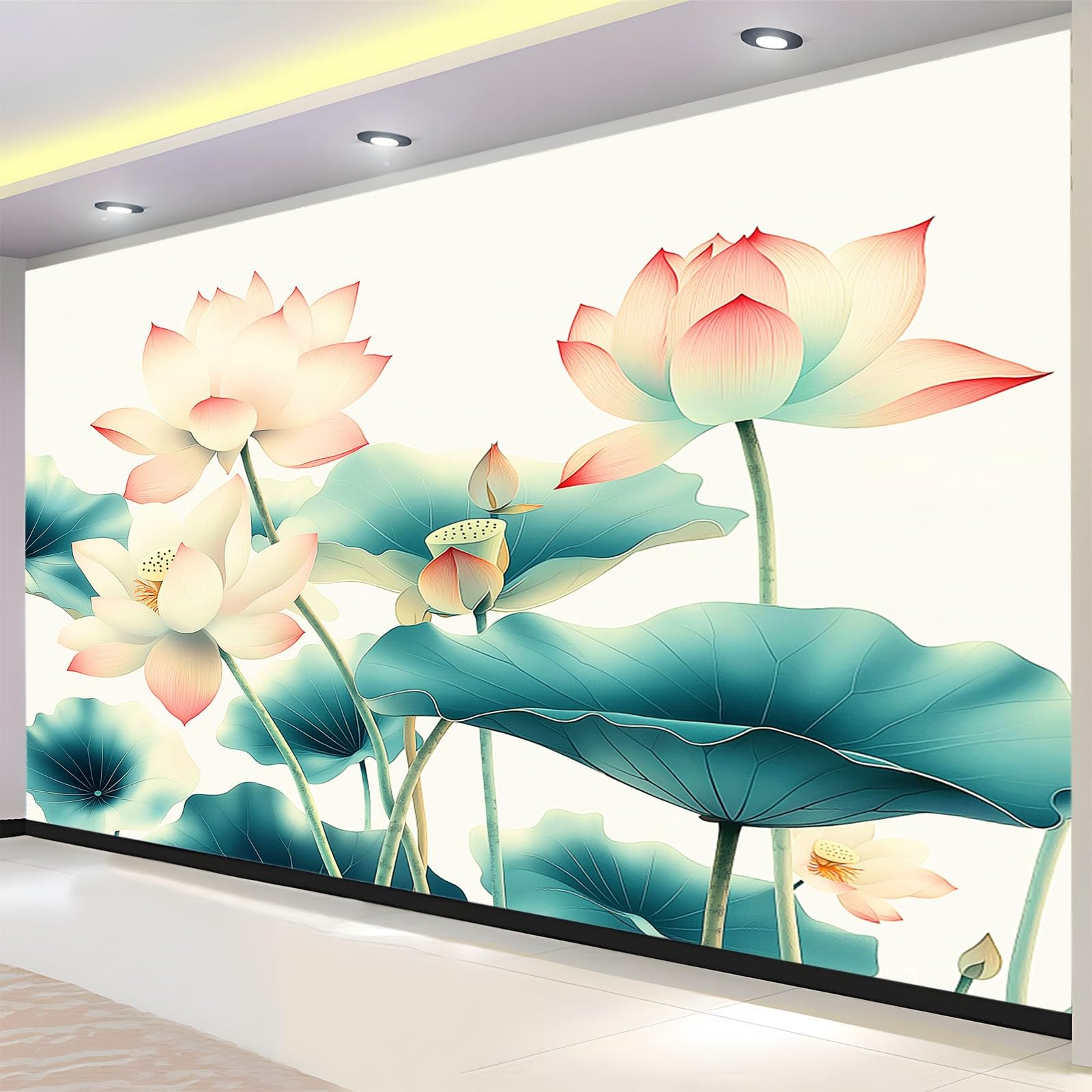 Panoramiczna tapeta 350 x 256 cm Rośliny Kwiaty lotosu Liście lotosu Włóknina XXL Mural Gobelin Fototapeta Salon Sypialnia - Tapeta Trompe l'eil Efekt 3D, beżowa