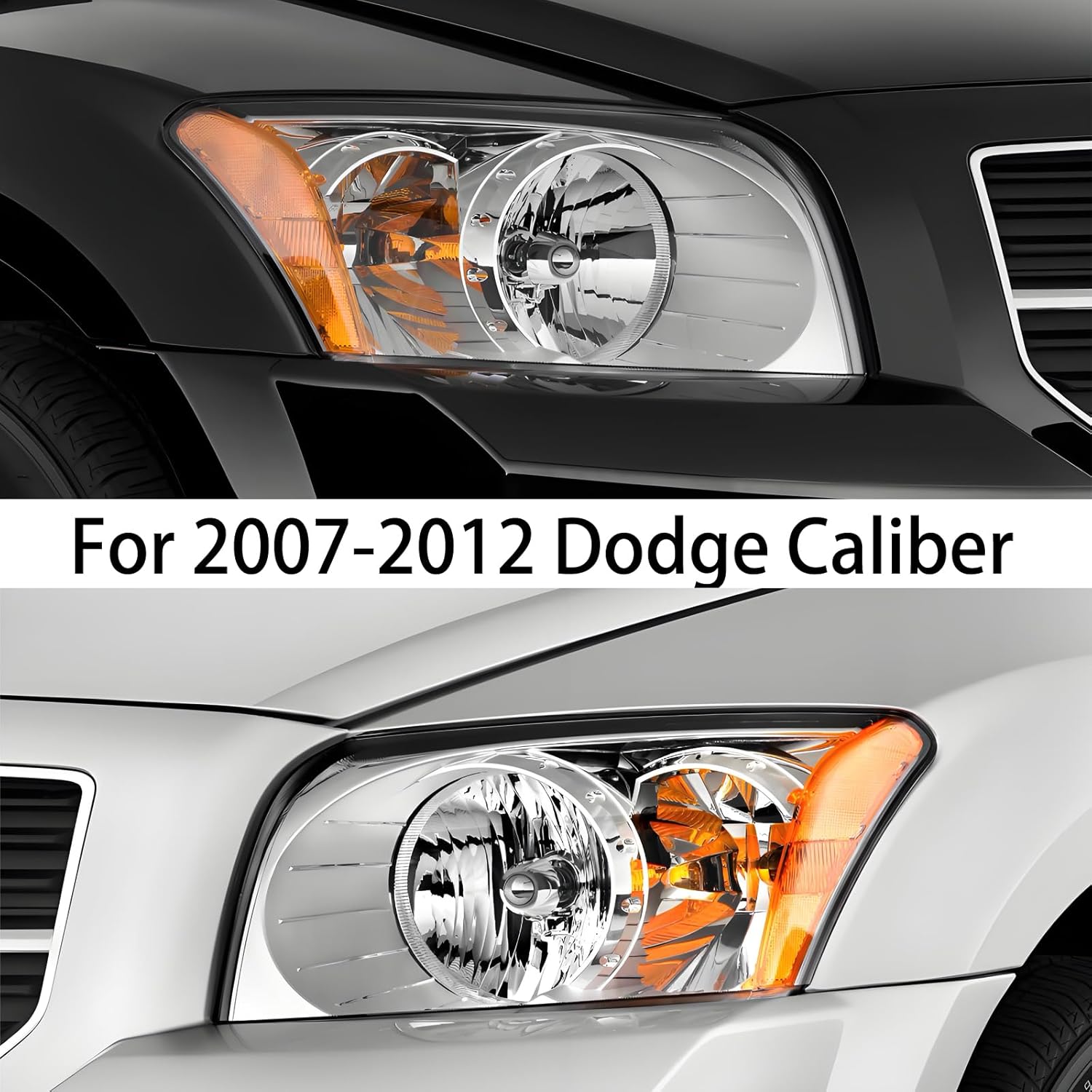 2pcs Headlight Assembly Set For 2007 2008 2009 2010 2011 2012 Dodge Caliber Hatchback SE SXT R/T Express Uptown Halogen Replacement Headlamp Chrome Housing Amber Reflector Clear Lens(LH&RH)