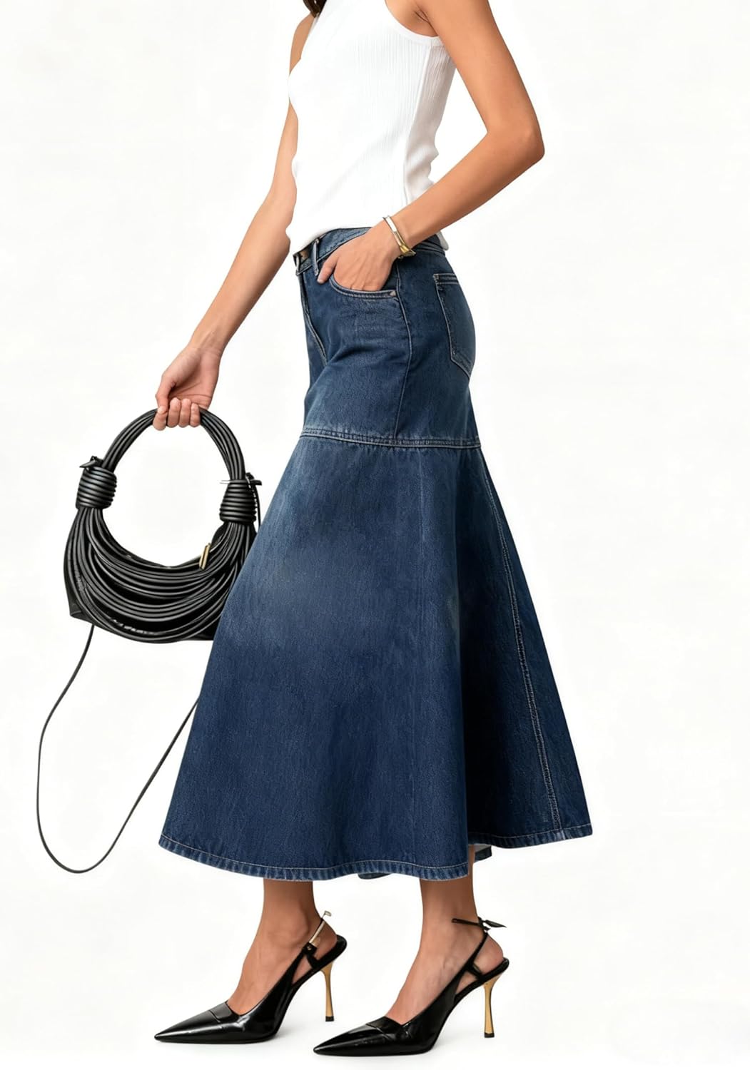 chouyatou Women's Elegant A-Line Pleated Jean Skirt Western Distressed Midi Long Fishtail Denim Skirt