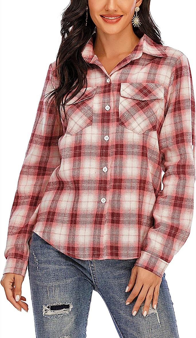 Donna Camicia a Quadri in Flanella Classico Blusa 100% Cotone Maniche Lunghe Camicetta in Base Top Casual