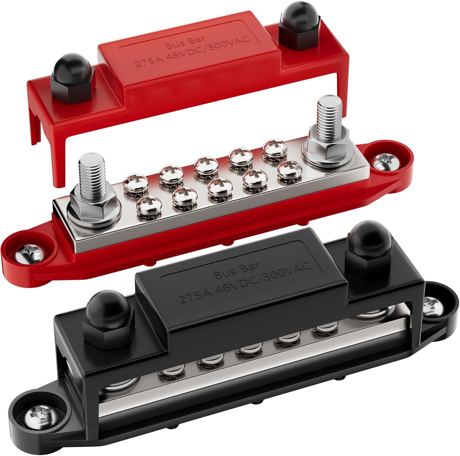 RVBOATPAT Bus Bar 12V 275A Power Distribution Block 2 x 3/8" (M10) Terminal Studs and 10 x #10 Screws Terminals Positive and Ground Battery BusBar