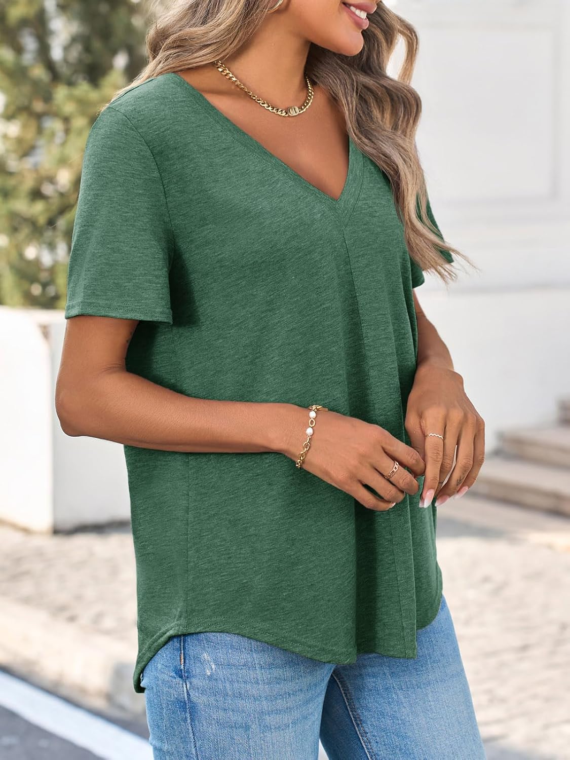 Cicy Bell Womens V Neck T Shirts Summer Short Sleeve Curved Hem Tops Casual Loose Fit Tunic Basic Tee Shirts - Image 4