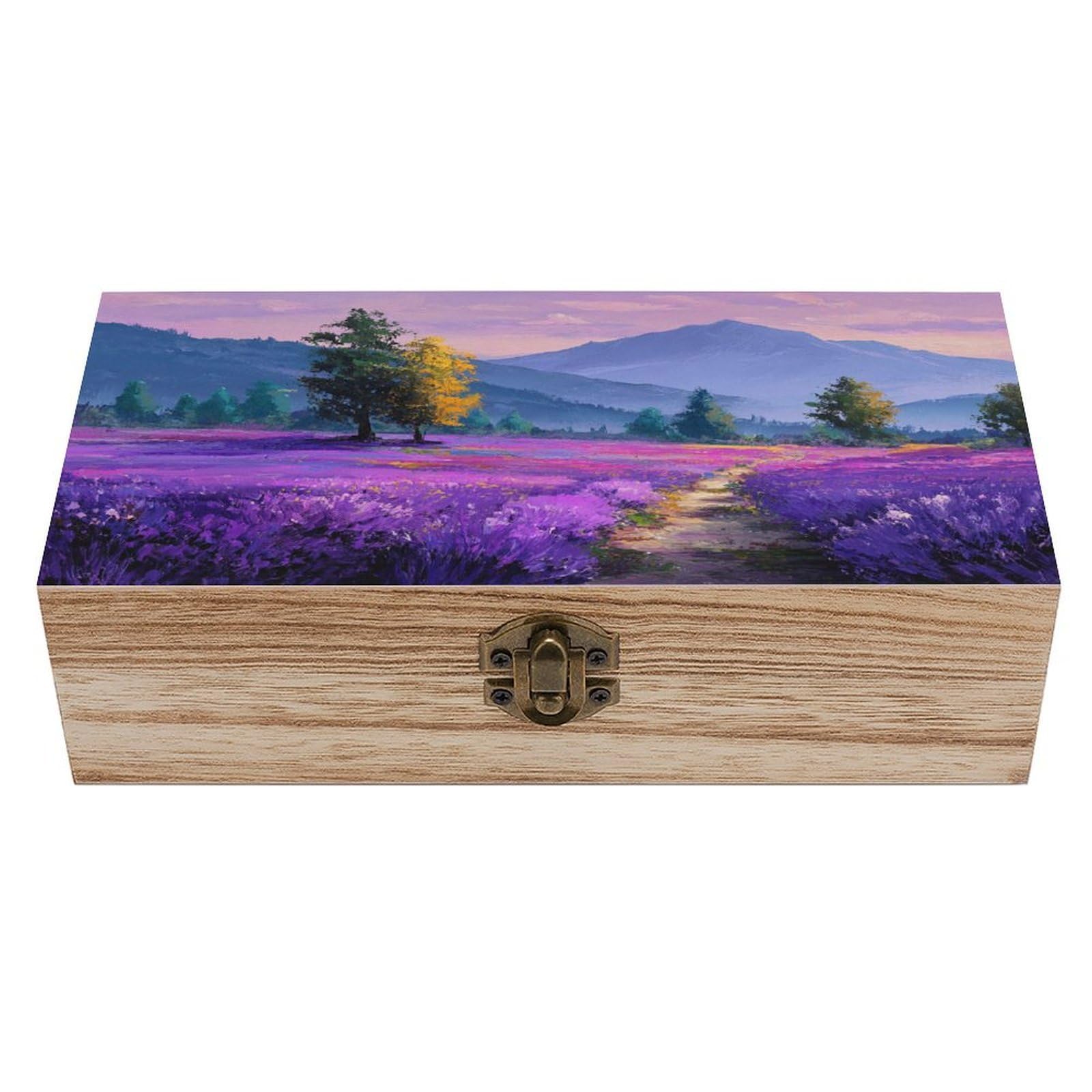 Ahdyr Lavender Field with Mountains Wooden Storage Box with Hinged Lid And Front Clasp Large Keepsake Box