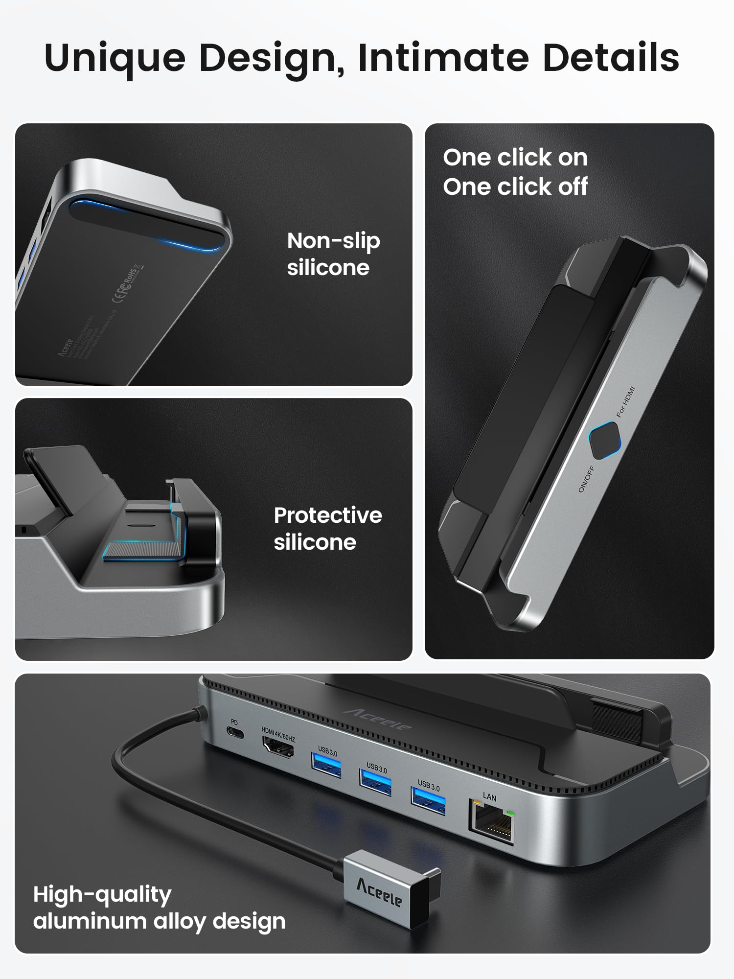 Aceele Steam Deck Dock, stacja dokująca 6 w 1 USB C z HDMI 4K@60Hz, USB 3.0, portem ładowania PD 100W, RJ45 Gigabit Ethernet, do Steam Deck, Switch, Valve, laptopów i innych urządzeń
