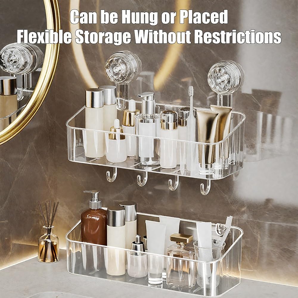 2 Pcs Shower Caddy, Clear Suction Cup Wall Caddy, No Drilling Acrylic Storage Rack, Multifunctional Shower Shelves for Bathroom Kitchen Hotel (Small)
