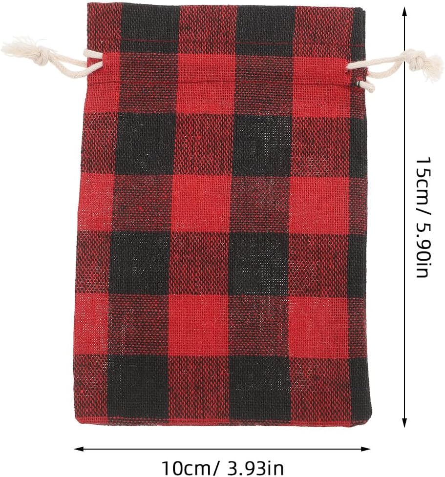 Hemoton 12pcs Red Plaid Drawstring Candy Bags Small Cotton Linen Pouches for Christmas Party Favors Holiday Treat Storage