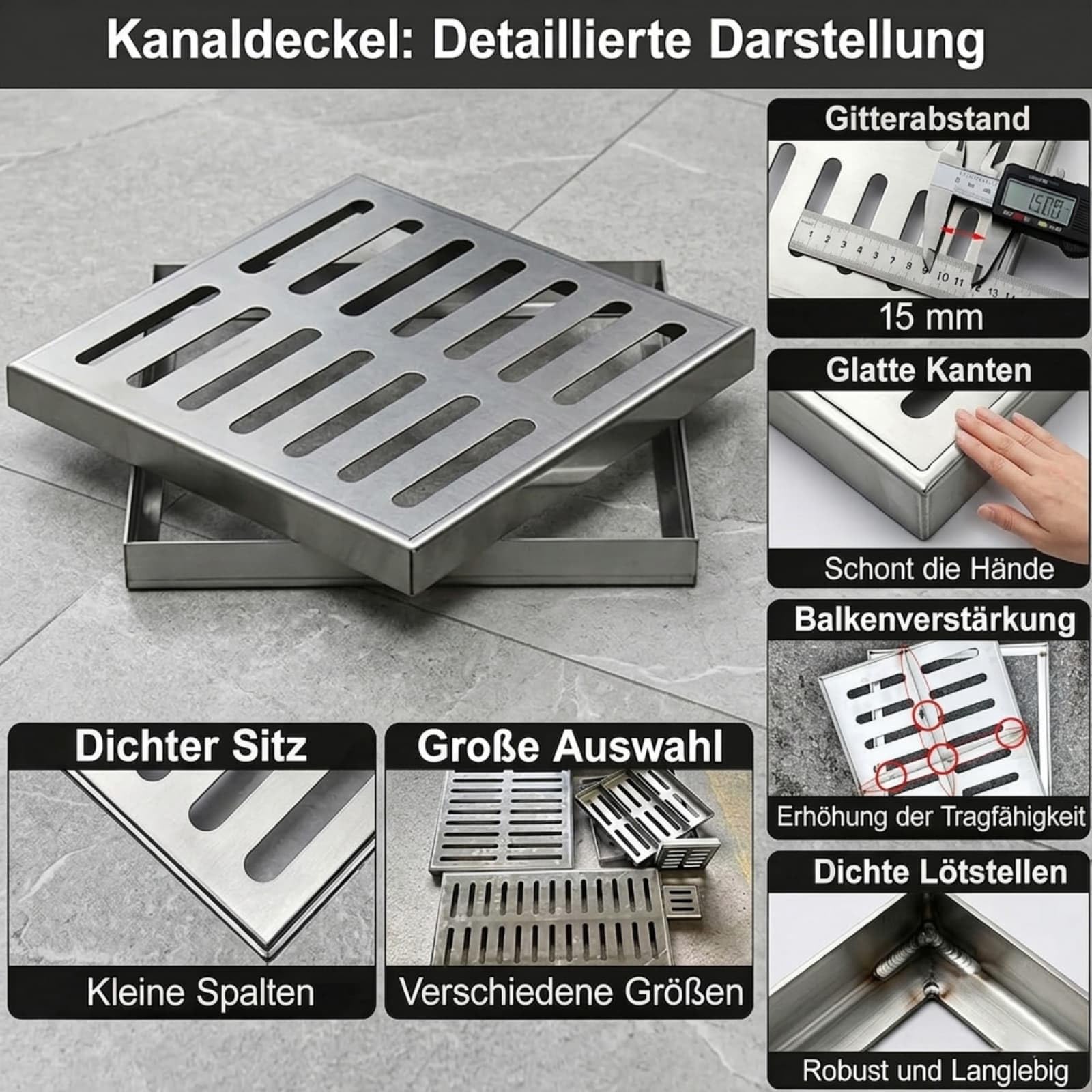 Gullideckel Edelstahl 304, Schachtabdeckung Rostfrei, Quadratische Abflussgitter für Garten, Garage und Außenbereich, Entwässerung (35 x 35 cm)