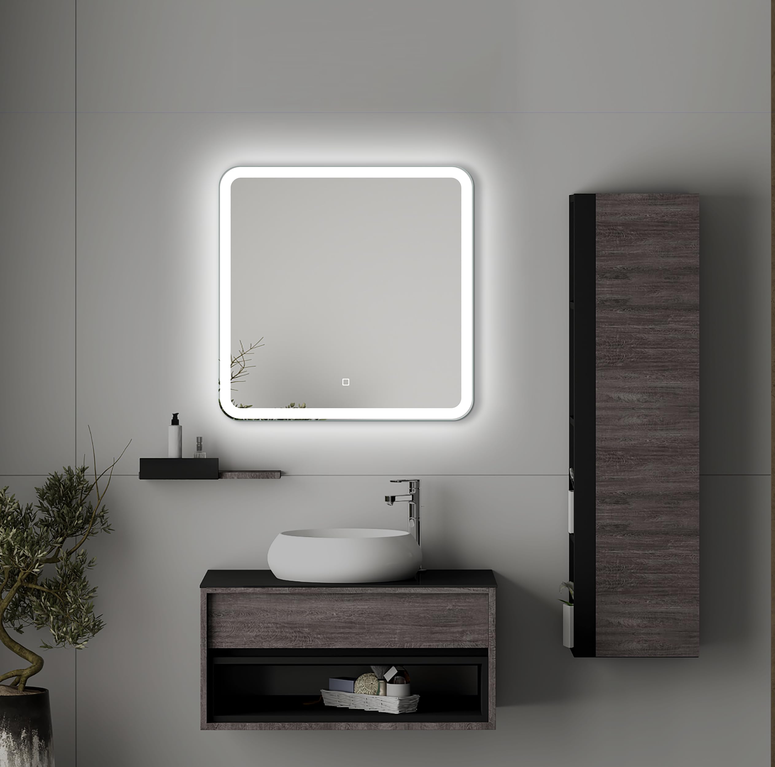 60 cm Kwadratowe Lustro Łazienkowe z Oświetleniem LED Podświetlone Lustro z Włącznikiem Zaokrąglone Kwadratowe Lustro Łazienkowe z Naturalnym Białym Światłem Podświetlane z Przodu