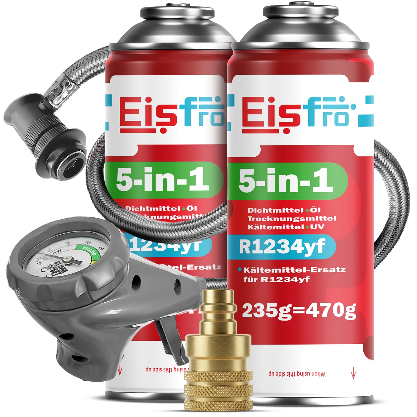 5in1 R1234yf XL + Schlauch + YF-Adapter für Auto Klimaanlage mit Öl, Dichtungsmittel, UV-Farbstoff, Trocknungsmittel – Schnelle Anwendung – Schützt den Kompressor – 2x235 g