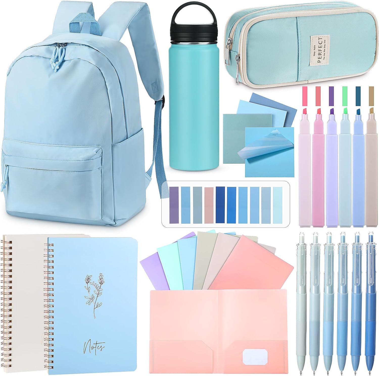 Cunno 28 Pcs Backpack Set Pencil Case Notebook Pen Insulated Cup File Folder Sticky Note Memo Pad Essentials Stationery Kit(Blue)