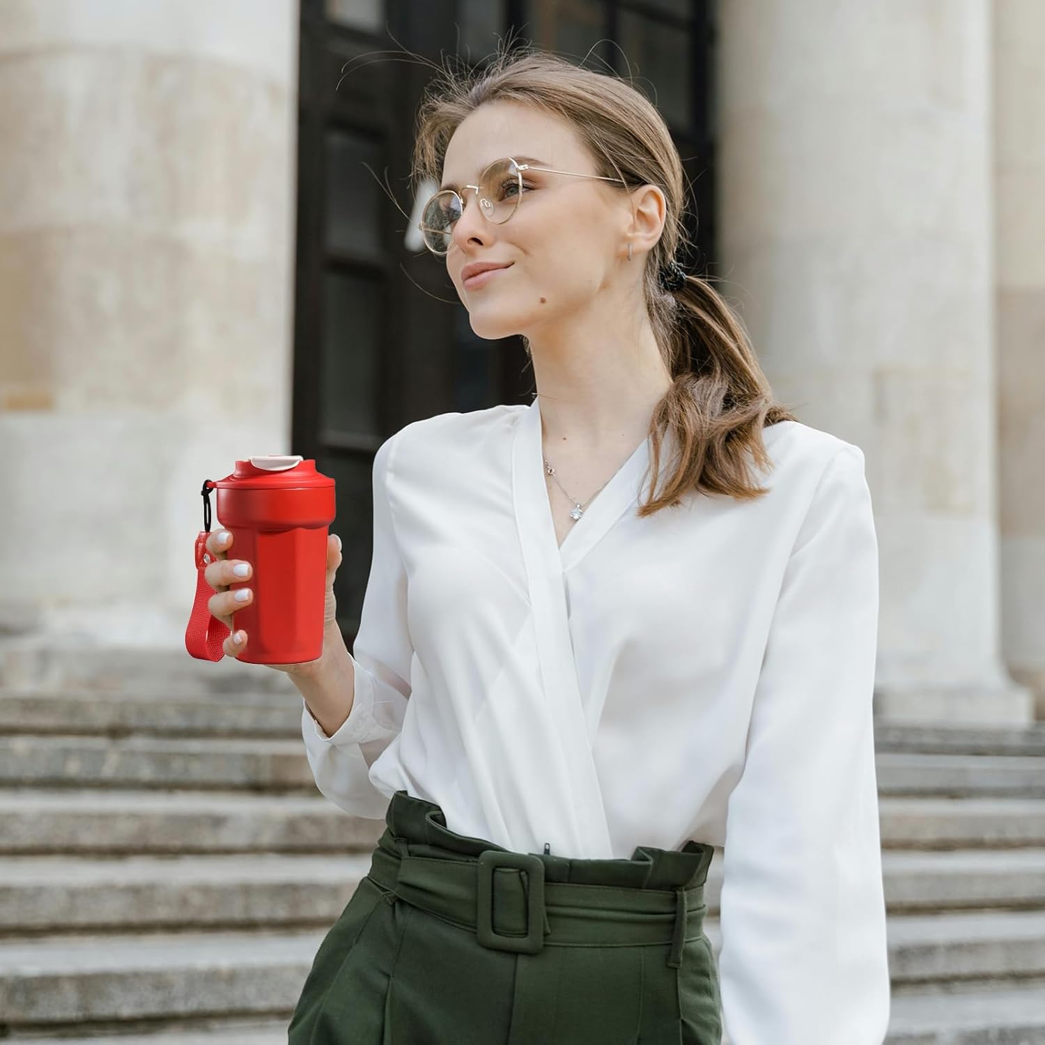 Trekio's 15fl oz Vacuum Insulated Stainless Steel Travel Mug - Leak Proof Coffee Tumbler with Handling Strap, BPA-Free Double Wall Thermal Bottle for Hot/Cold Drinks Black - Image 4