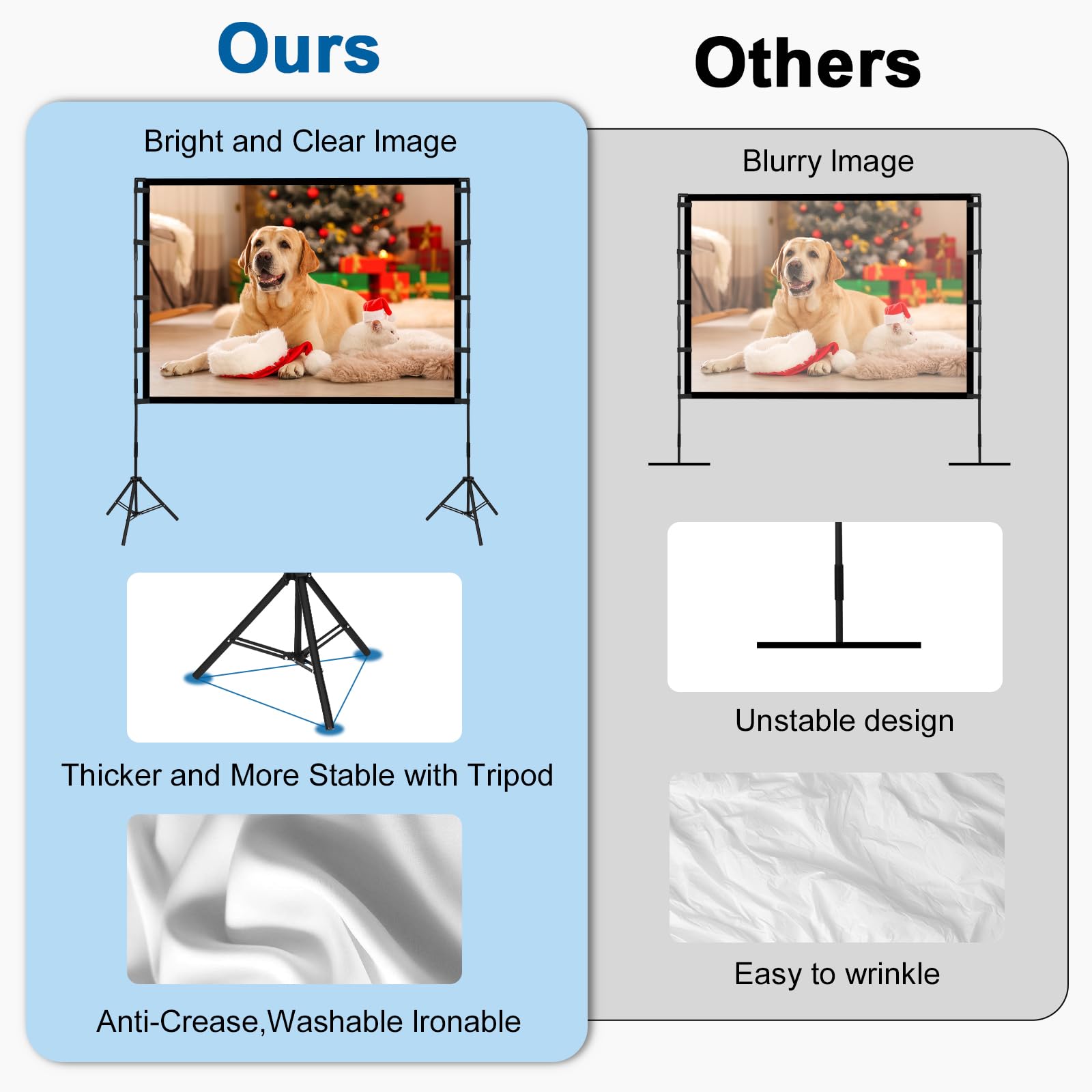 Beamer Leinwand mit Stativ, 120 Zoll Projektor Leinwand Tragbare Outdoor Kino, Faltenfrei 16:9 HD Rear Front Garten Projektion mit Tragetasche für Camping Home Party Theater Nächte