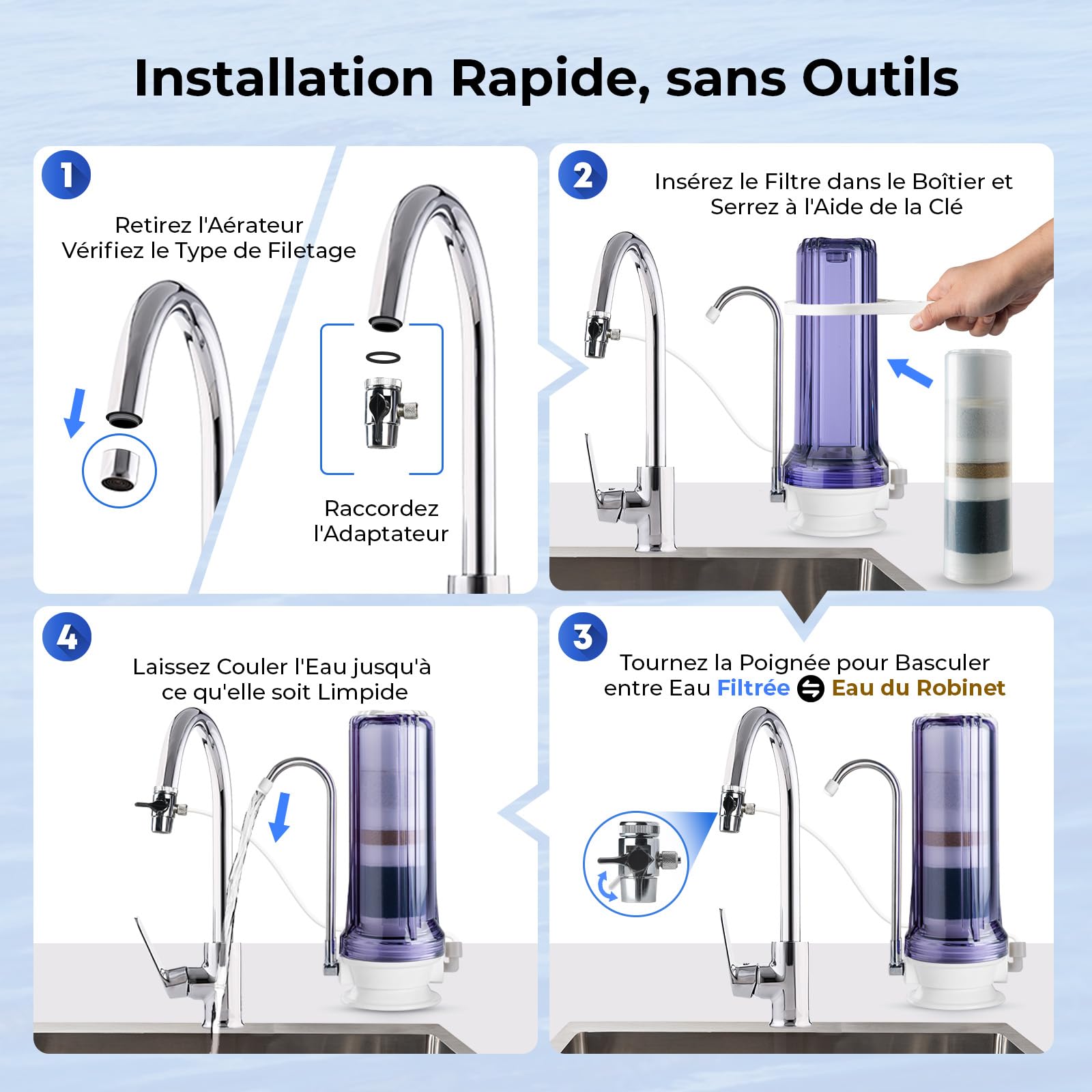 iSpring CT10-CL Système de Filtration d'Eau Potable de Comptoir à Plusieurs Niveaux avec Adaptateur de Robinet Polyvalent, Transparent