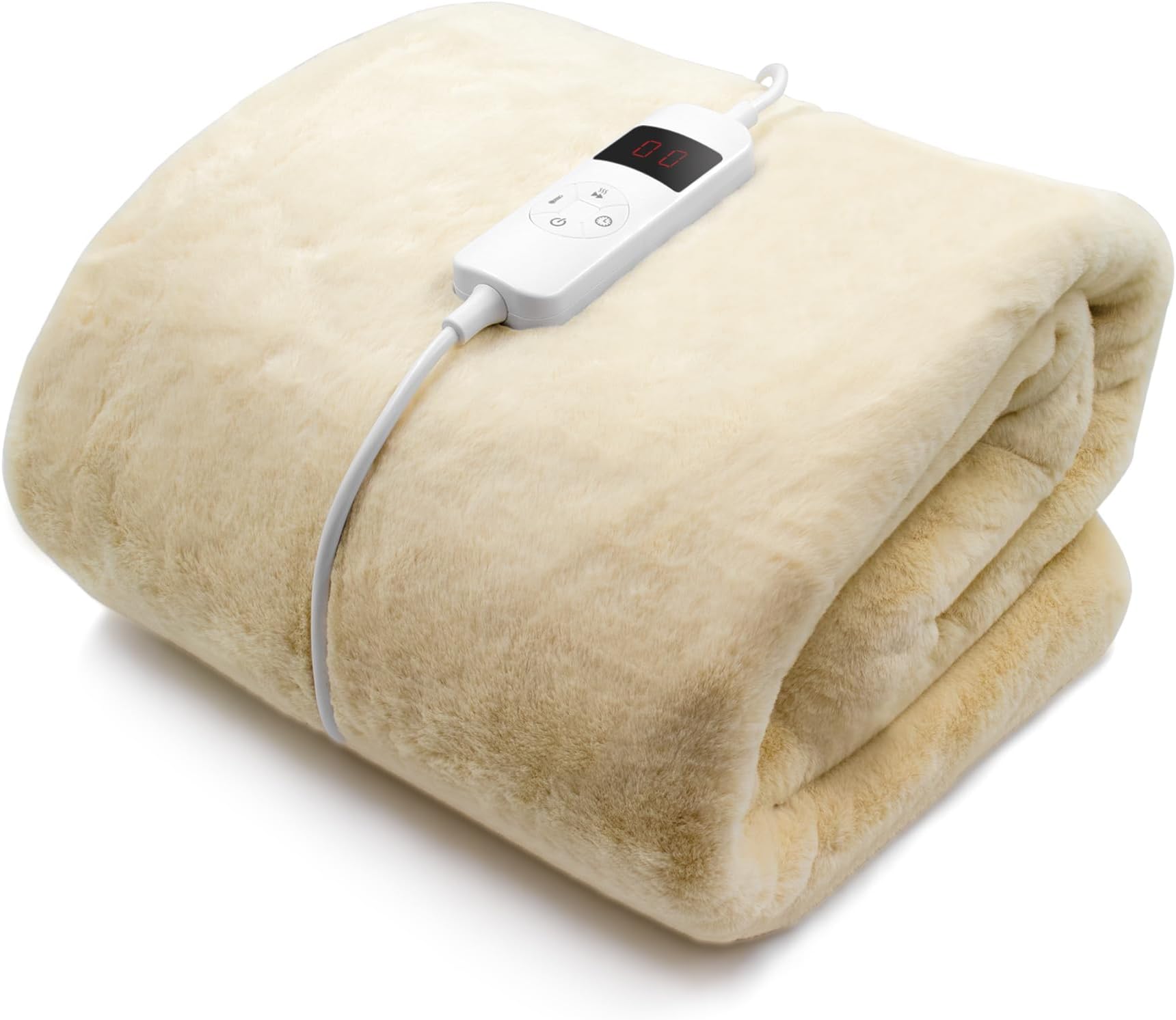 Purus Cream Faux Fur Heated Throw Electric Blanket, 160 x 130cm Heated Blanket Machine Washable Electric Throw Overblanket with 12HR Timer and 9x Control Heat Settings