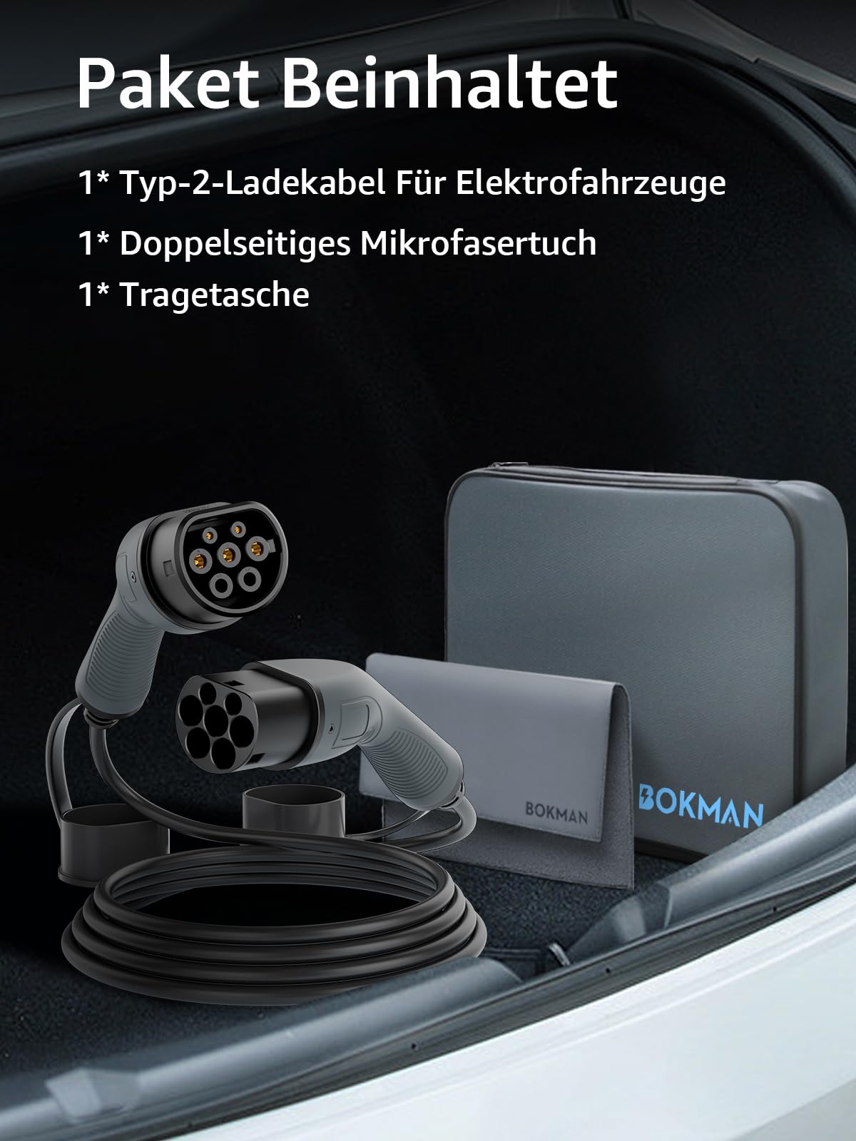 bokman Typ 2 Ladekabel, Modus 3 / 16A / 11 kW / 3-Phasig / 5 Meter, Typ 2 auf Typ 2 EV Ladekabel für Elektroauto mit Tragetasche und Mikrofasertuch