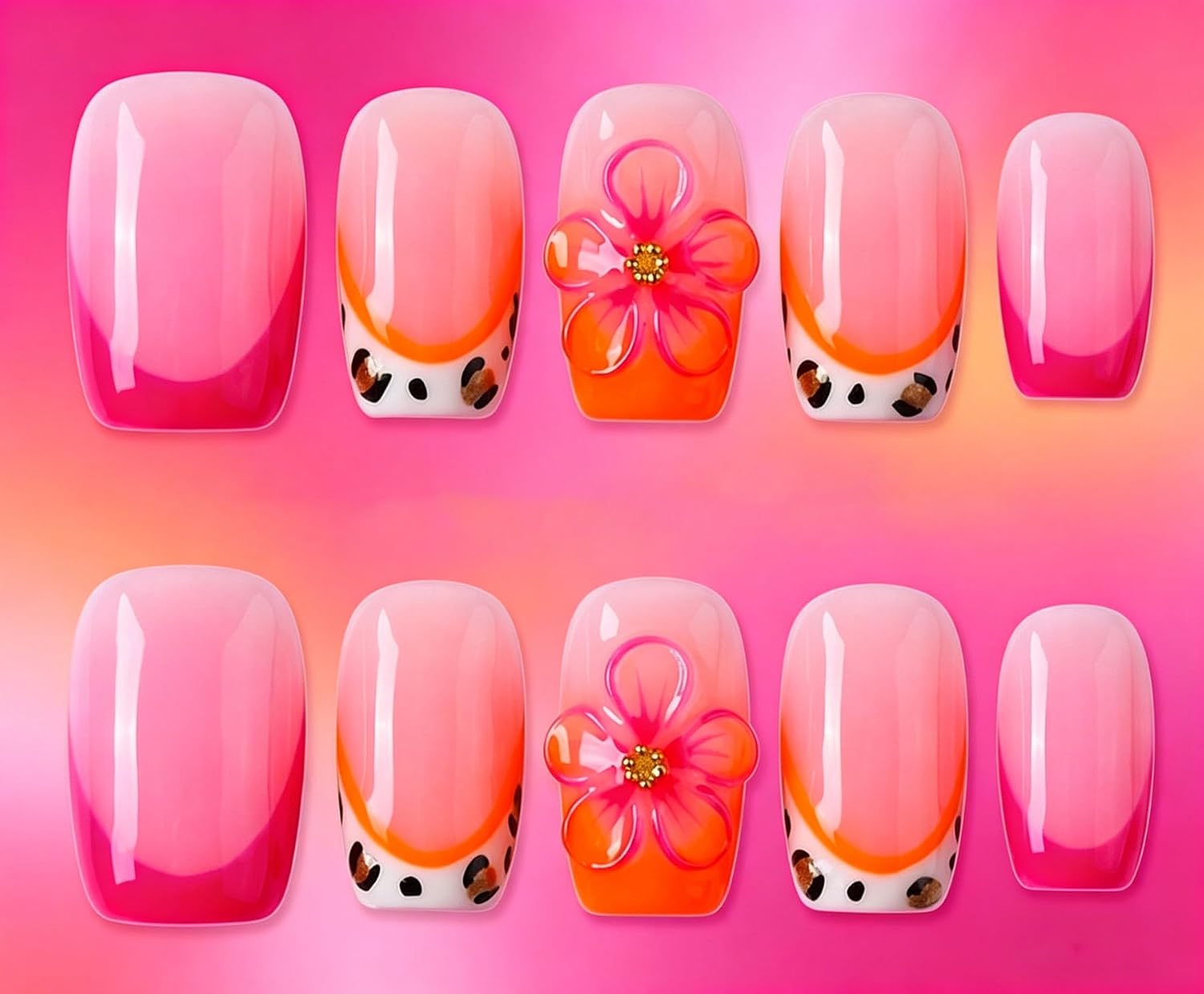 Short Square Press on Nails Handmade 3D Cute Glue on Nails for Women, Luxury Homemade Press on Nail Art Design, Fake Nails with 3D Nail Charms Size M 1