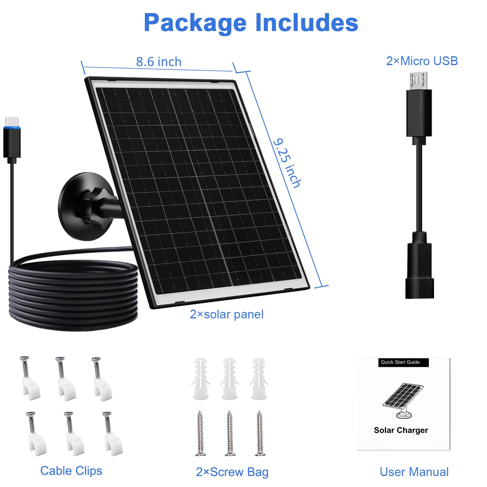 Zivif Caricatore a pannello solare per fotocamere Arlo Essential 2K (2a generazione), Essential XL e Spotlight - USB-C e Micro USB, impermeabile IP66, supporto regolabile a 360°, cavo da 2,2 m